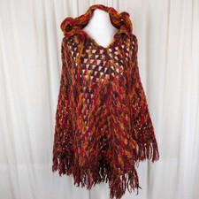 Handmade 100% Wool Crochet Granny Poncho Boho Hippy Orange 70s Hood Small 8 10