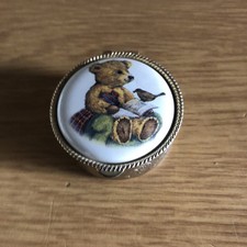 Vintage - Round Teddy Bear Porcelain Pill Box - Pressed Metal Goldtone