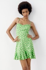 ZARA GREEN LINEN BLEND MINI STARPPY POLKA DOT PRINT DRESS WITH RUFFLE SIZE S NEW