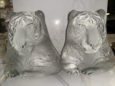 Viking Vintage 6x5 Clear and Frosted Glass Vintage Tiger Figurine Heavy Bookends