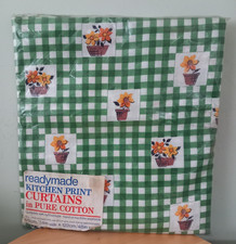 Vintage Ready Made Curtains Kitchen Print Cotton Green Gingham Check Floral