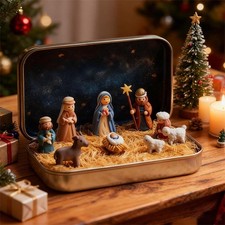Mini Christmas Nativity Set in a Tin Box, Portable Pocket Nativity Scene Decor3d