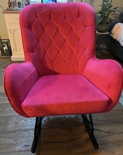 Rocking Chair Upholstered Hot Pink Fuchsia Velvet Black Wooden Legs Metal Frame