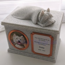 Forever Cherished, Westie Memorial Urn Box, Westie, ornate sleeping doggy urn.