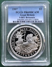 1oz silver 1997 Britannia £2 pound coin PCGS PR-69 D/CAM. Top pop only 6 higher.