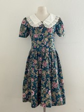 Vintage Dress 1980's Green Floral Print Sailor Collar M/L