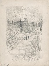 Small Pencil Drawing - Victor Charles Ames - Figures In Landscape Florence Italy