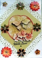 Apricot Butterfly with Flowers - Hand Crafted 3D Decoupage Card With Love (2788)