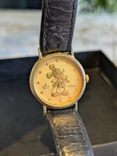 Vintage Lorus Disney Gold Face Mickey Mouse Watch Leather Strap Spares Or Repair