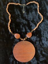 Vintage wooden beaded necklace large disc pendant fashion jewellery boho natural
