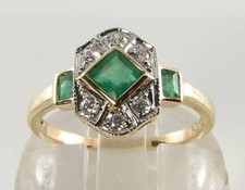 9CT GOLD COLOMBIAN EMERALD DIAMOND CLUSTER BEZEL SET ART DECO INS RING Size O
