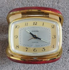 Europa Vintage 1960s travel alarm clock 2 jewels Burgundy leather case Germany