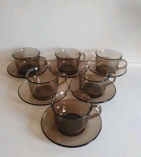 Set 6 Vintage Arcoroc France Glass Tea Coffee Cups & Saucers Smoked Brown Tone
