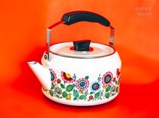 White Floral Enamel Tea Kettle 1970s French Stove Top Kettle