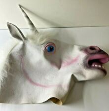 Adult Size White Unicorn Laytex Full Head fancy Dress Mask with Faux Fur Mane 