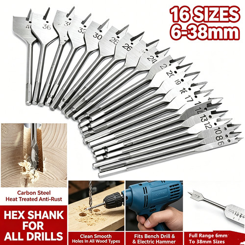 16pc flat spade wood drill - flat,