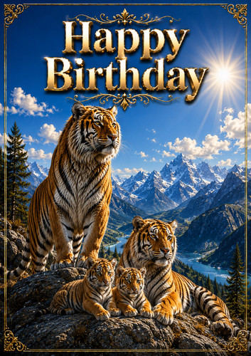 Tiger family birthday card - family,