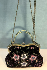 VENDULA London Dark Purple Pink Velvet Embroidered Handbag Detachable Chain