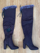 So Free Womens EU 39 UK 6 Brown Thigh High Block Heeled Tall Fur Trim Boots