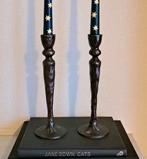 Vintage Handcast Brass Brutalist Style Candle Holders Bronzed Finish Indian Pair