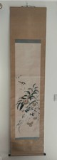 Large Japanese Vintage Hand Painting Traditional Flowers and Bird Hanging Scroll