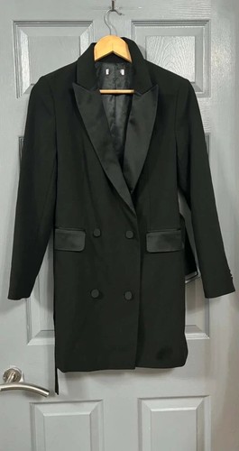 Black satin peak lapel - , belted
