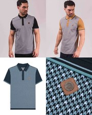 Lambretta Mens Short Sleeve Polo Shirt Cotton T Shirt Houndstooth Top Retro Tee