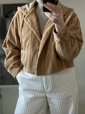 Zara Women's Cropped Corduroy Jacket With Hood In Tan Brown Floral Lining Size L