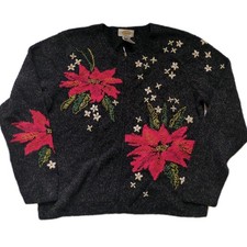 Vintage Women's Talbot Poinsettia Christmas Design Size Medium Zip Up Christmas