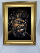 Vintage Aboriginal Velvet Art - Oil On Velvet - Original Print - Portrait Of Man