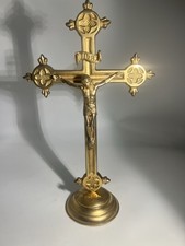 Antique brass freestanding altar INRI crucifix Jesus Mary Joseph base 1900's 13"