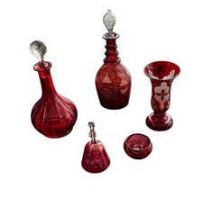 5 PIECES RUBY GLASS DECANTER