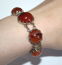 Antique Solid Silver Scottish Agate Cabochon Bracelet 1900-1920s Vintage 6.4"L