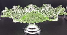 Vintage Art Deco Decorative Green Glass Cake Dish on Metal Stand (C)