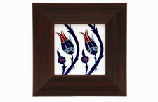 Vintage Turkish wood framed ceramic tile with Ottoman handpainted tulip artwork