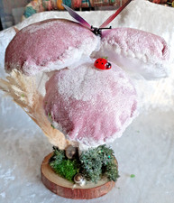 Handcrafted Toadstool Decoration, Velvet Pink Glitter Autumn Winter Butterfly