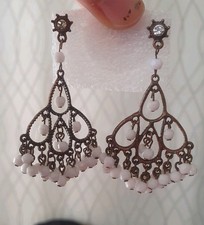 Tribal Ethnic Earrings Boho style Chandelier Copper tone studs white beads