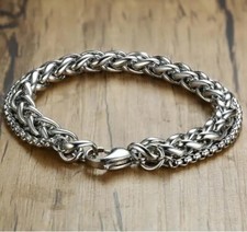 Mens Cuban Chain Bracelet 10MM Silver 2 Layer Curb Retro Link Steel Chunky UK