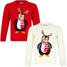 Kids Girls Christmas Jumper Antler Penguin Novelty Sequinned Xmas Sweater