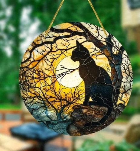 Black cat sunset suncatcher - black,