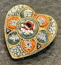 VTG Italian Micro Mosaic Heart Shape Floral Estate Brooch Pin Gold Tone Italy