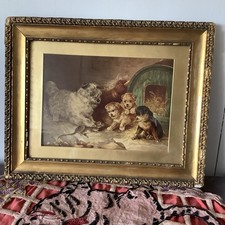 Antique Oleograph Terrier Dog Puppies Rats Print Striking Colours Gilded Frame