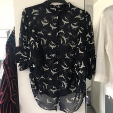 Influence Size 10 Black & White Bird Print 3/4 Balloon Sleeve Sheer Blouse VGC
