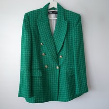 Zara Green Textured Weave Double Breasted Blazer Jacket Size L Large 12