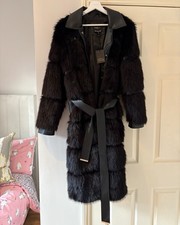 River Island Faux Fur & Leather Black Long Belted Coat Size Large Vintage Style