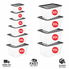 Plastic Storage Boxes with Black Lids Durable Stackable Home Office Clear Box UK