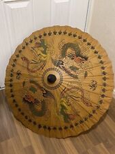 Large Vintage Painted Rice Paper Parasol Sun Umbrella Exotic Birds 32” Wide