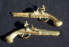 Pair of Vintage Brass Flint Lock Pistol Wall Plaques Mid Century England