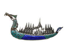 Siam Sterling Silver Colourful Enamel Dragon Boat Brooch Antique c1930