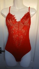 Women's Vera & Lucy red & nude Lace Mesh Sheer dressy Body Suit Lingerie size L